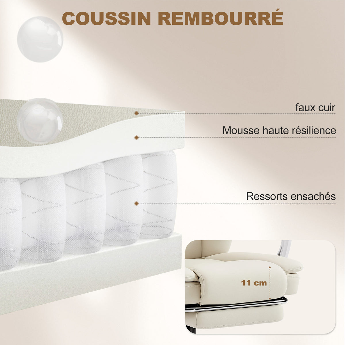 Chaise bureau ergonomique, fauteuil de bureau avec dossier inclinable, hauteur réglable, 64x73x112-120cm, beige
