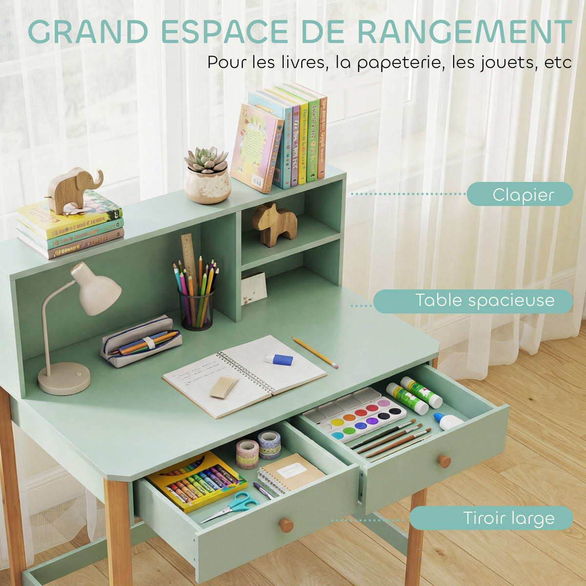 Bureau enfant en bois, bureau avec rangement, 2 tiroirs et 3 compartiments ouverts, plateau large, 90x52x105cm, vert