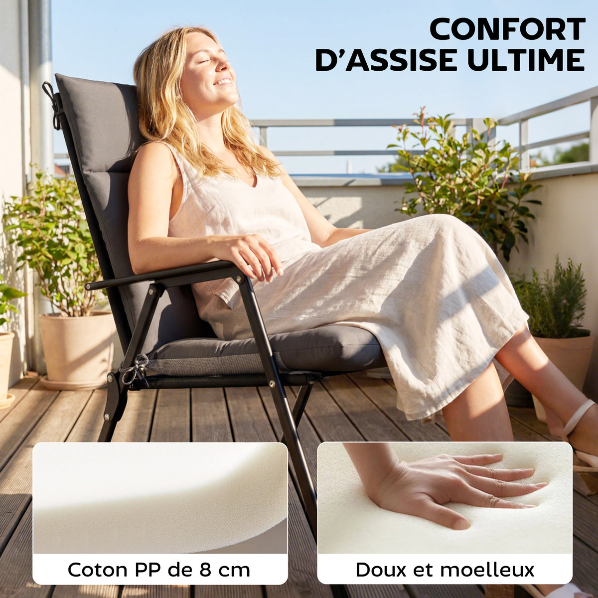 Lot de 4 coussins pour chaises de terrasse, résistants à l'eau, antidérapants, avec liens, 112x53cm, Gris Foncé