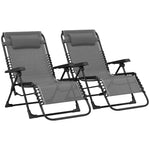 Lot de 2 bain de soleil, chaise longue pliante inclinable avec appuie-tête en textilène, 90 x 65 x 112 cm, gris