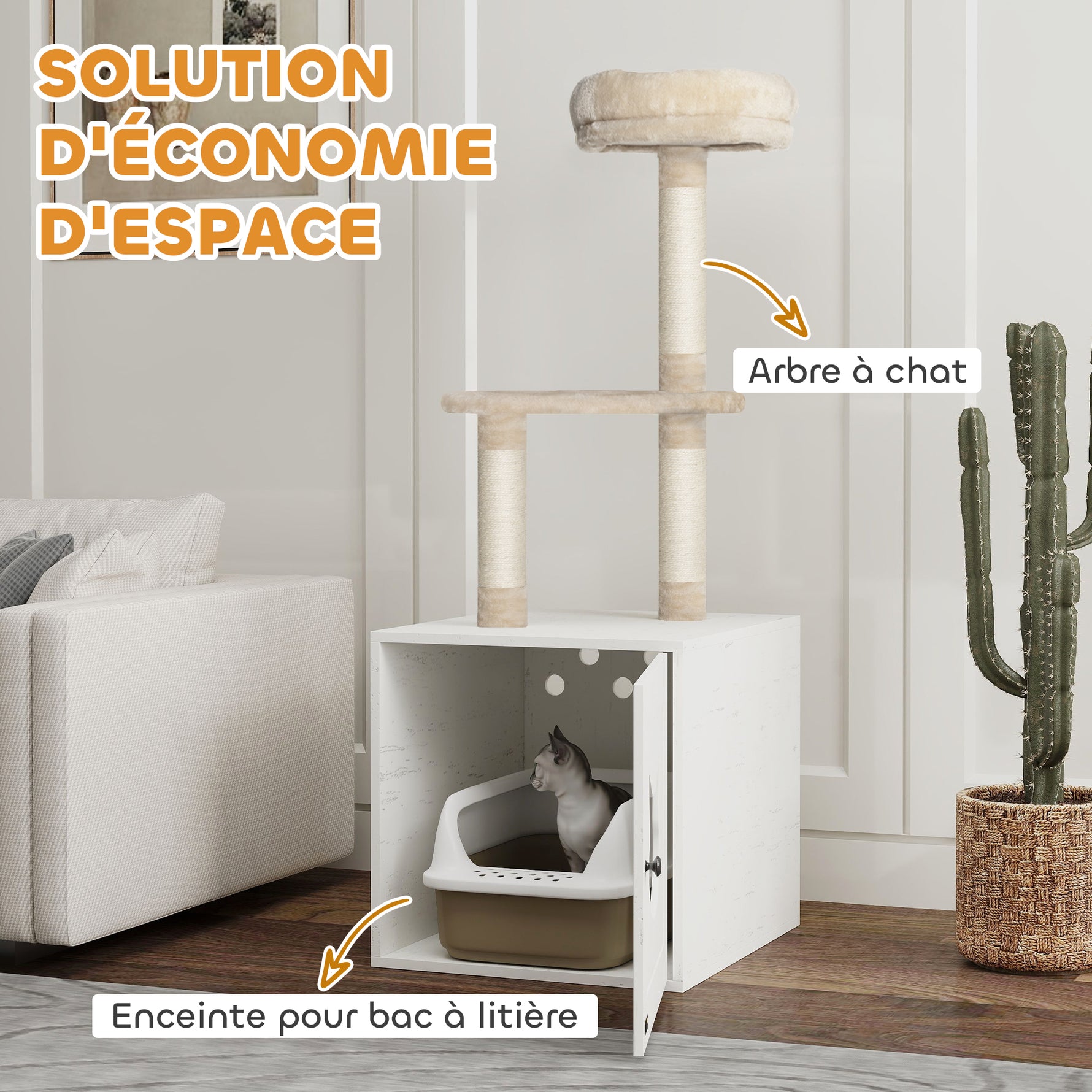 Arbre à chat avec maison de toilettes, tour de jeu 2-en-1 de 129 cm avec cache-litière, poteaux à griffer, crème