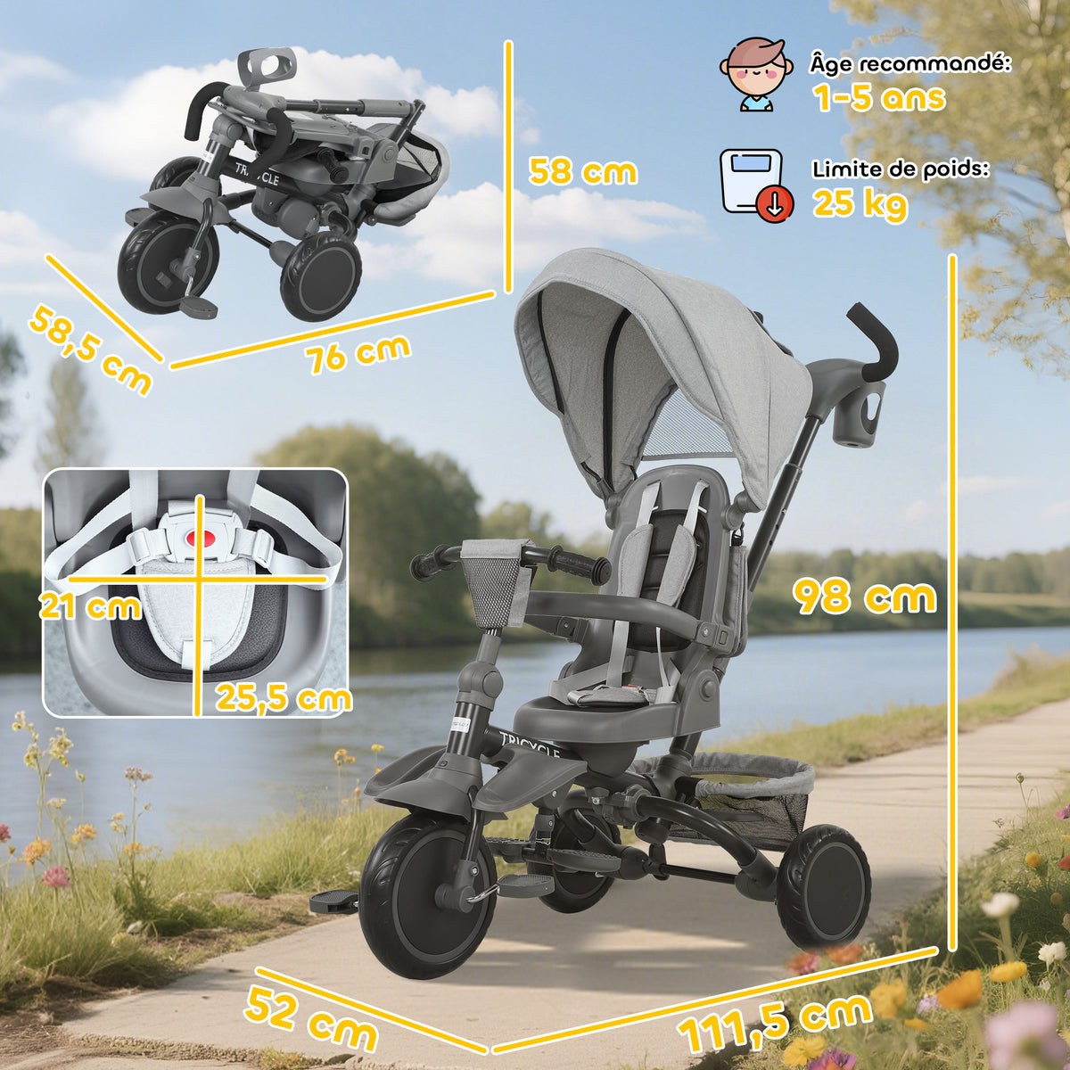 Tricycle bébé évolutif 6 en 1, tricycle enfant pliable avec poignée parentale réglable, siège pivotant 360°, gris