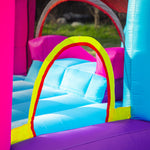 Château Gonflable avec Toboggan, Trampoline, Aire de Jeux Piscine et Panier Jusqu'à 3 Enfants +3 Ans gonfleur et Sac de Transport Souffleur 350W inclus dim. 300L x 270l x 200H cm Multicolore
