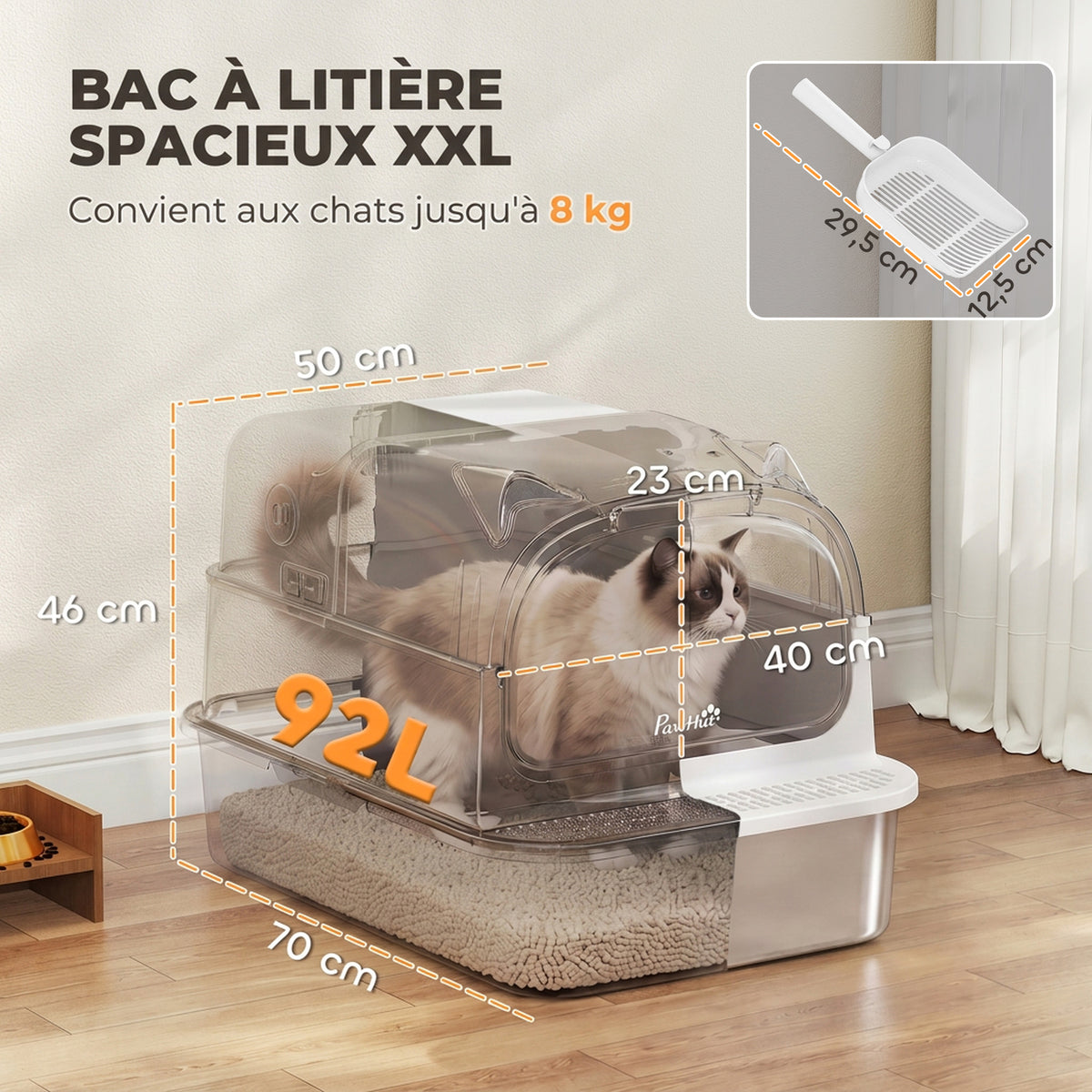 Lettiera per Gatti in Acciaio Inox con Coperchio 3 in 1 Bordi Alti Paletta e Sacchetti Antiodore XL 70x50x46cm Bianco