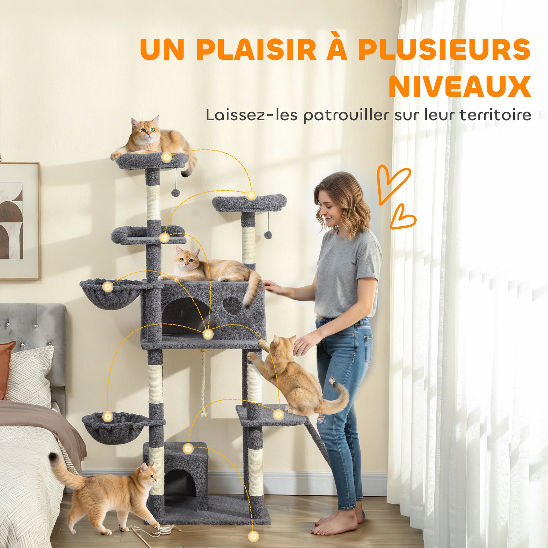 Arbre à chat tour de jeux pour chat avec griffoir 3 lits 2 niches plateformes et 3 jouets suspendus hauteur 174 cm gris