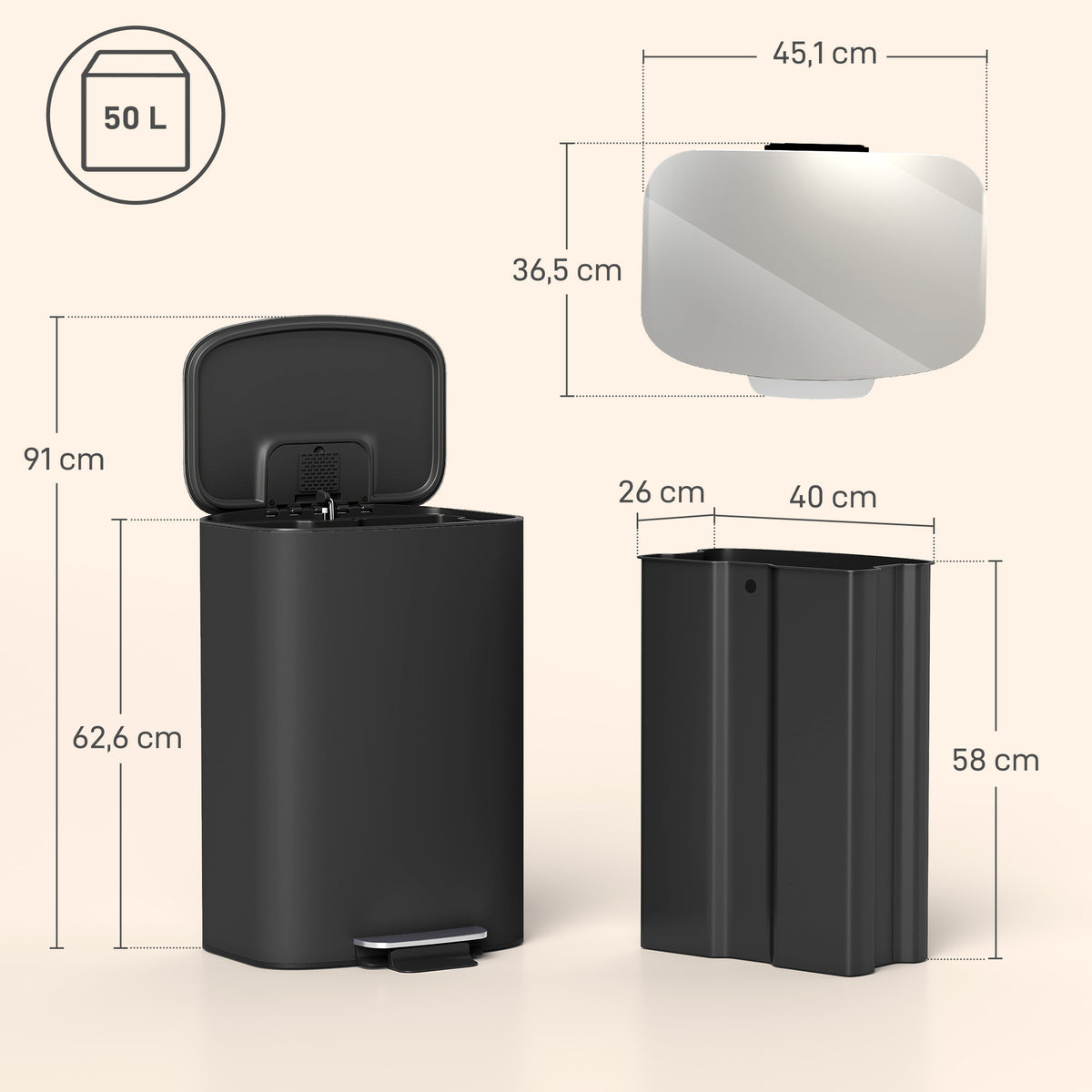 Pattumiera da cucina 50L, pattumiera a pedale, secchio interno rimovibile, coperchio a chiusura rallentata, 45,1x36,5x62,6cm, nero