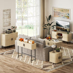 Buffet meuble de rangement avec portes coulissantes à lattes, armoire de cuisine avec pieds en acier, ton chêne
