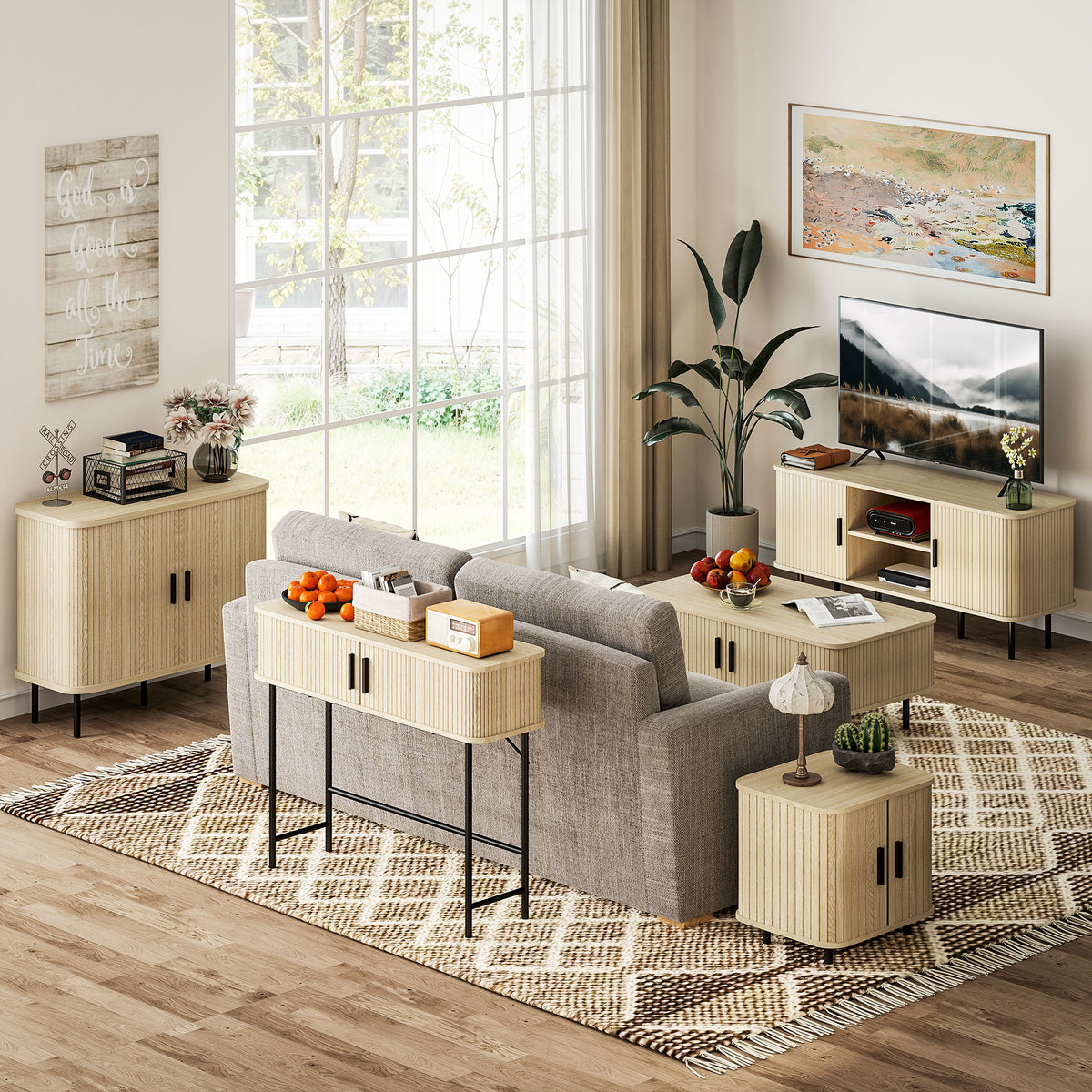 Buffet meuble de rangement avec portes coulissantes à lattes, armoire de cuisine avec pieds en acier, ton chêne