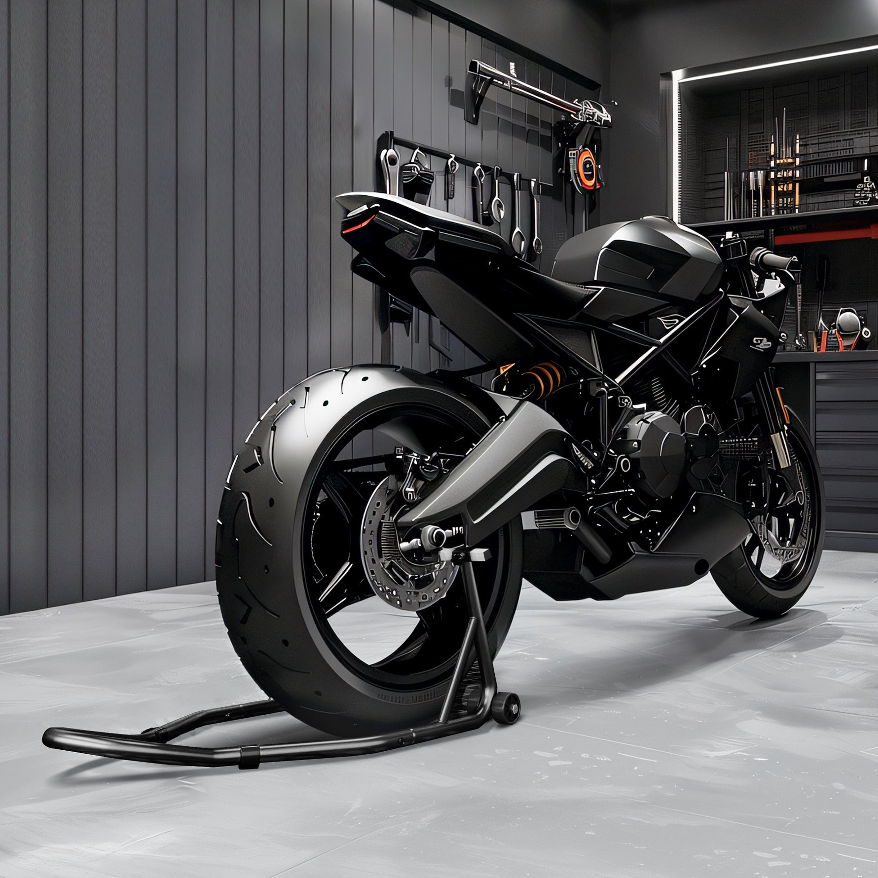 Support béquille de moto arrière support de roue lève moto arrière sur roulettes avec bobine de bras oscillant U, noir