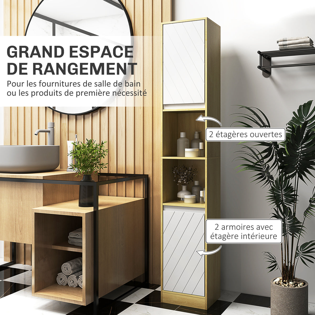 Meuble colonne rangement salle de bain style cosy 30 x 24 x 170 cm 2 portes étagère 2 niches chêne clair blanc