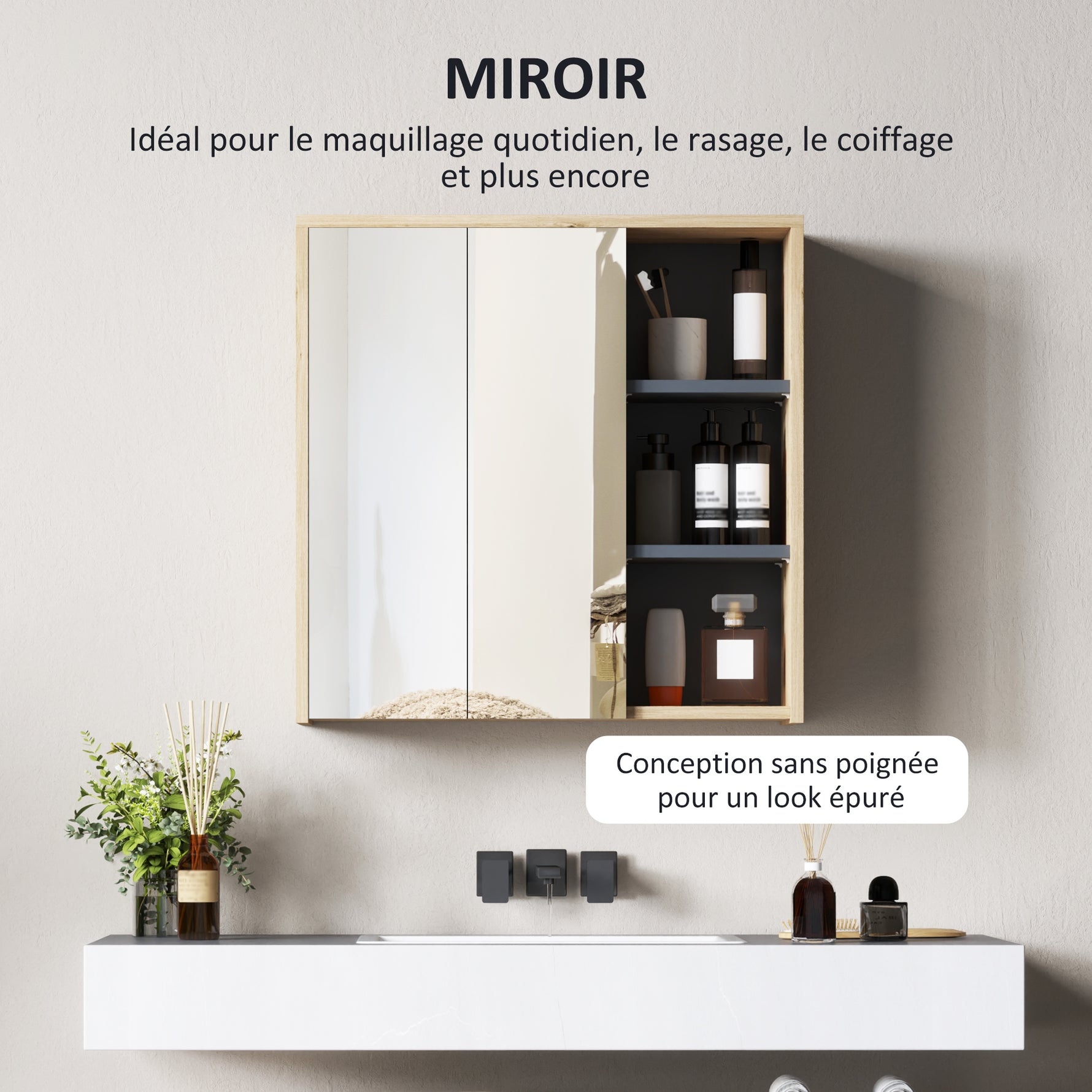 Armoire de salle de bain avec miroir armoire de toilette miroir mural 3 étagères ouverts 60 x 20 x 60 cm bois naturel