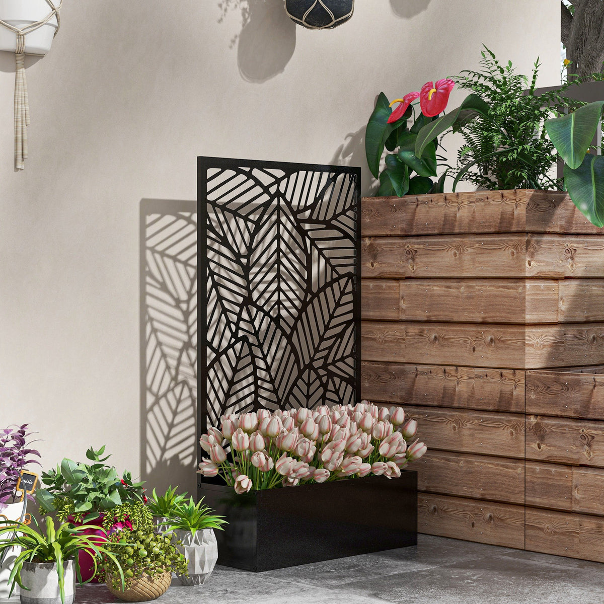 Jardinière avec brise-vue paravent treillis pour Plante Grimpante, bac à Fleurs - dim.  61L x 23l x 113H cm