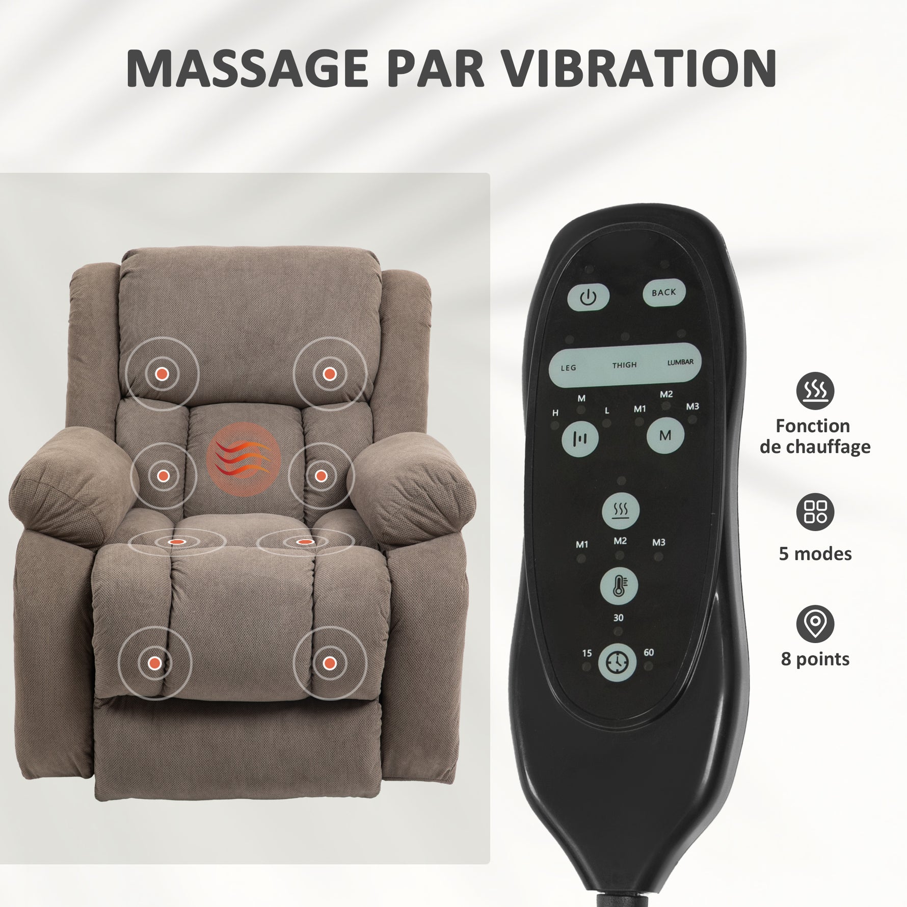 Fauteuil releveur électrique massage et chauffage avec repose-pied, dossier inclinable, télécommande et poche latérale