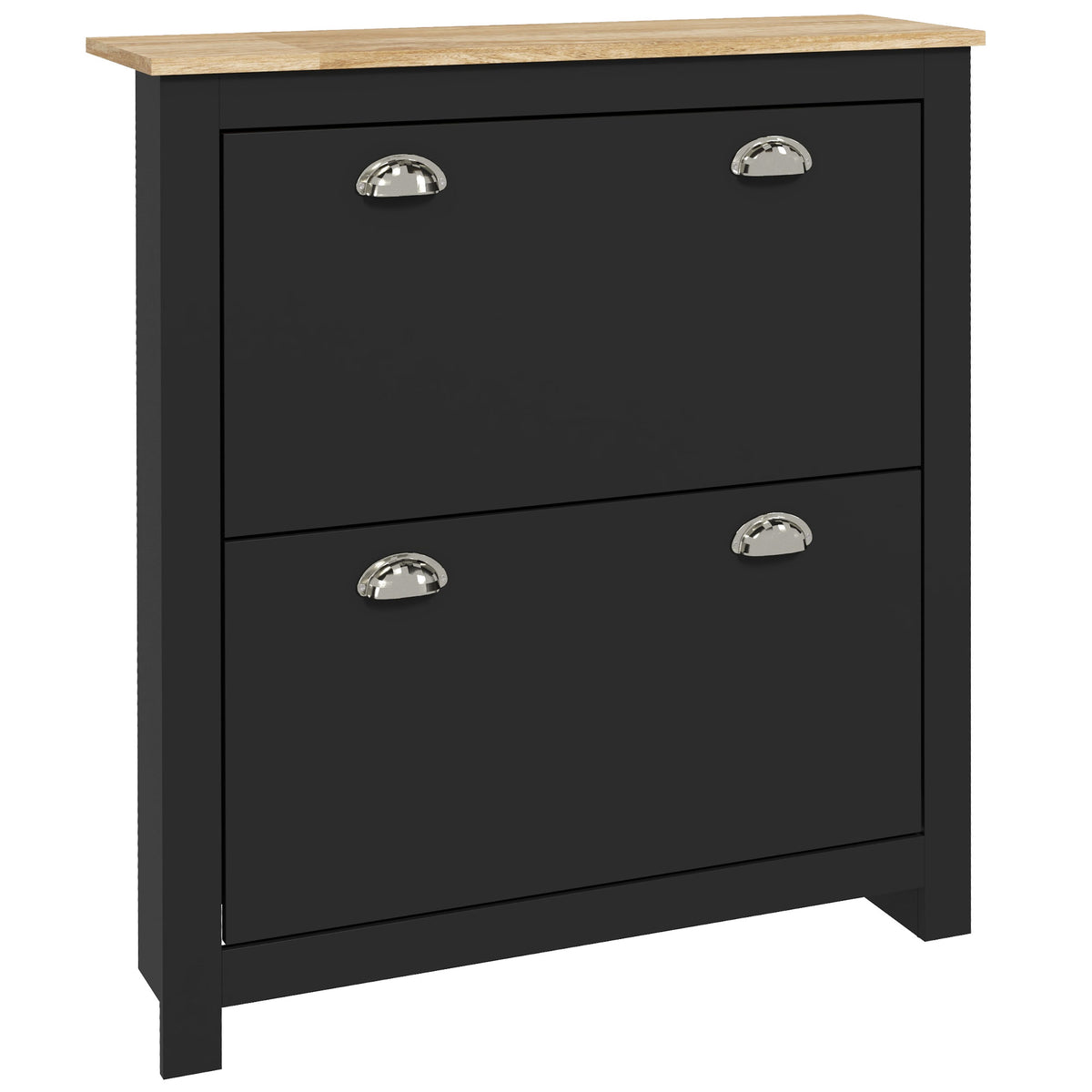 Armoire à chaussures 2 portes abattantes 2 compartiments poignées coquilles métal 79 x 23 x 90,5 cm noir chêne