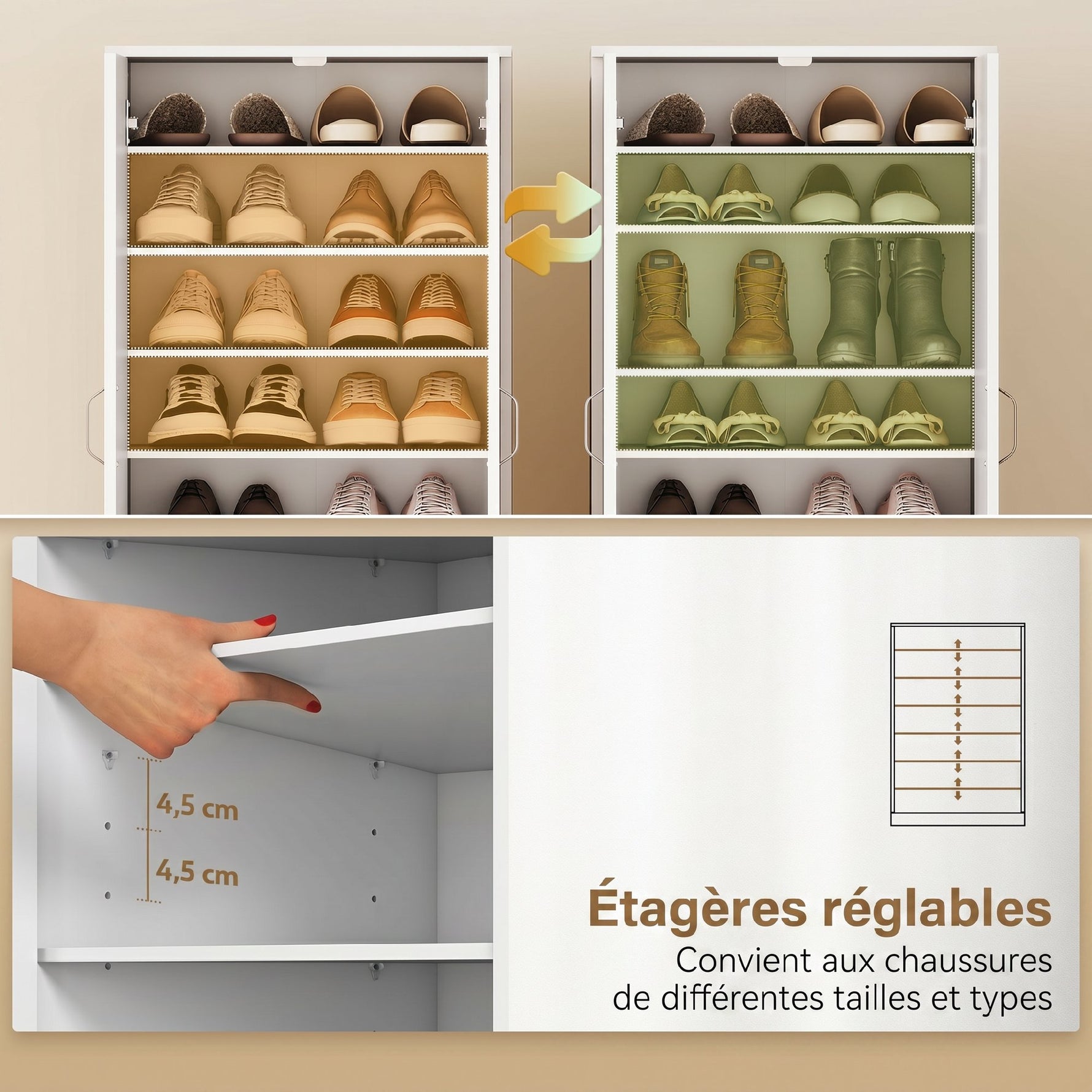 Meuble à chaussures 14 paires armoire à chaussures 7 niveaux avec 6 étagères réglables 2 portes à fermeture douce blanc