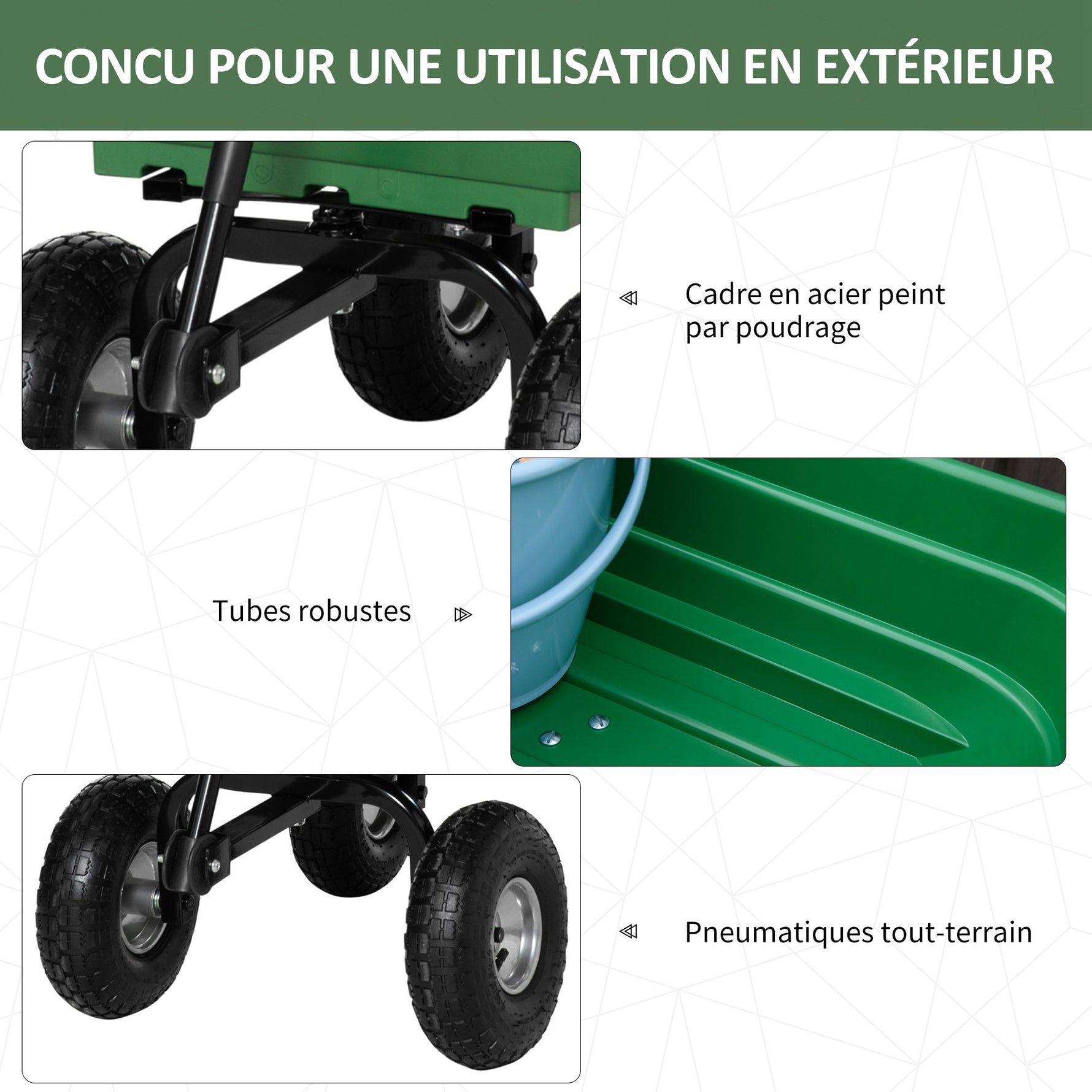 Chariot de Jardin 100L Charge 250 kg, 4 Roues pneumatiques Remorque à Main pour Extérieur 108 x 52 x 100 cm Acier vert