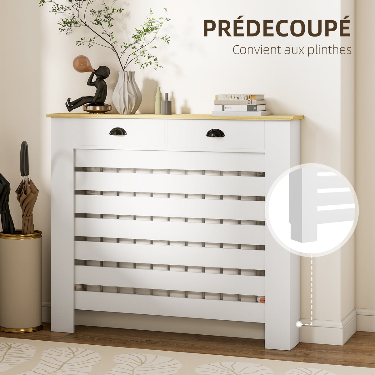 Couvercle de radiateur cache radiateur grille à lattes horizontales avec 2 tiroirs en bois 111l x 19P x 95,5H cm blanc