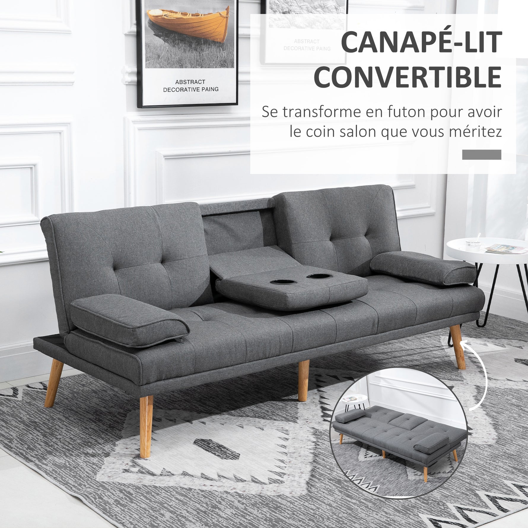 Canapé convertible 3 places, canapé-lit rembourré avec dossier réglable 3 niveaux, 2 coussins et 2 porte-gobelets intégrés, tissu de lin, pour salon, chambre d'amis, petit espace, gris foncé