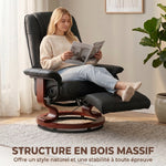 Fauteuil Relax Inclinable, Fauteuil de Salon, Repose-Pieds Réglable, Pivotant 360°, Piètement Bois, Revêtement Synthétique, Noir