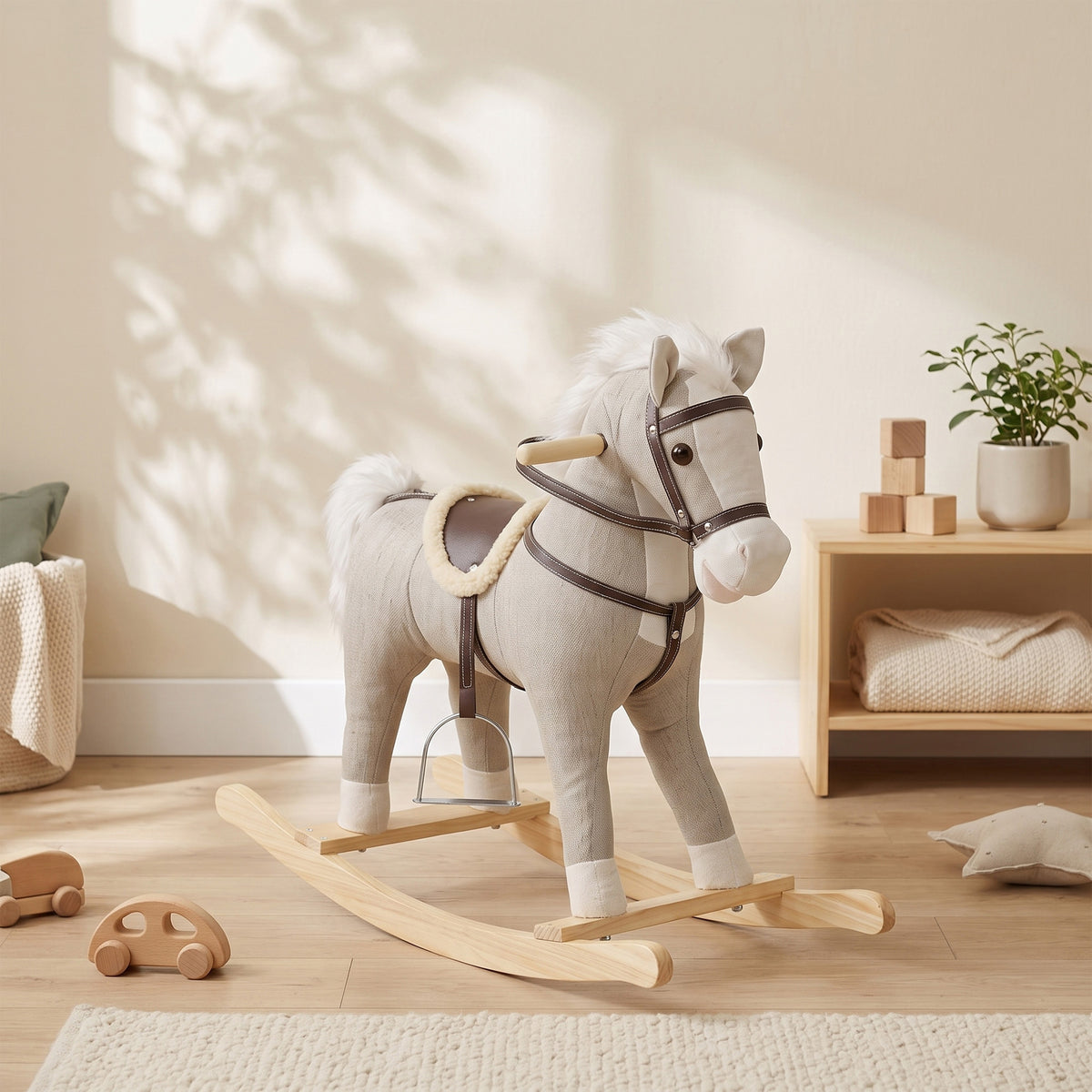 Cheval à bascule pour enfants, jouet à bascule bébé en tissu effet lin avec effets sonores et poignées de sécurité, gris