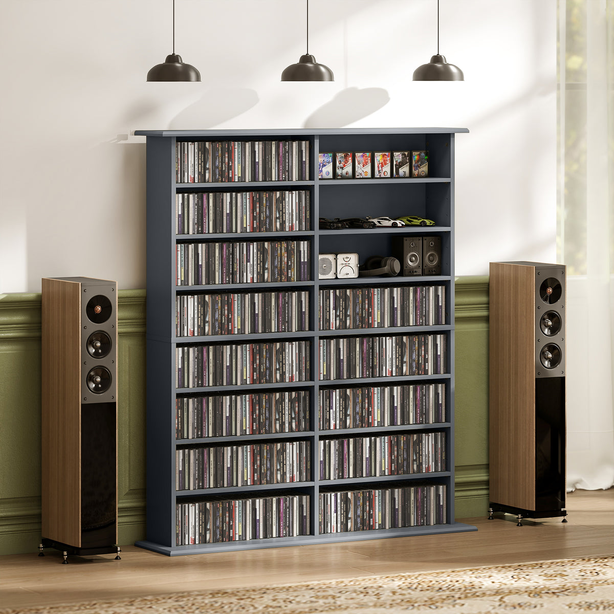 Mobile porta CD e DVD con 16 scomparti e 12 ripiani regolabili, capacità max. 720 CD/396 DVD e Blu-ray, grigio
