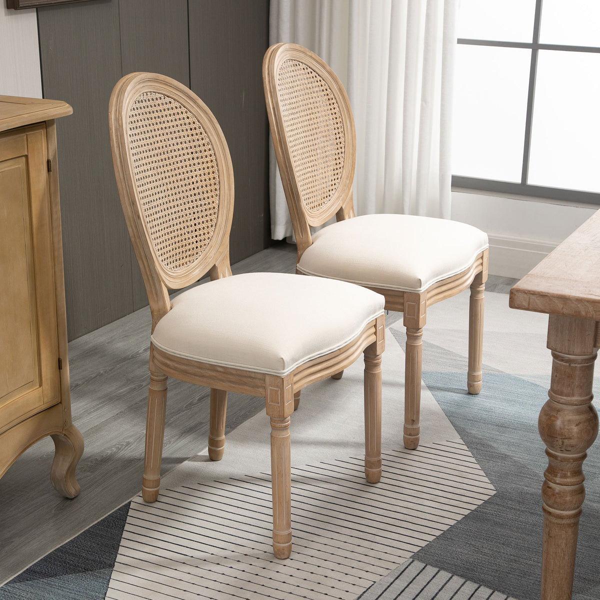 Set de 2 sillas de comedor - Silla de salón medallón estilo Luis XVI - Madera maciza tallada, patinada - Respaldo de rejilla - Aspecto lino crema