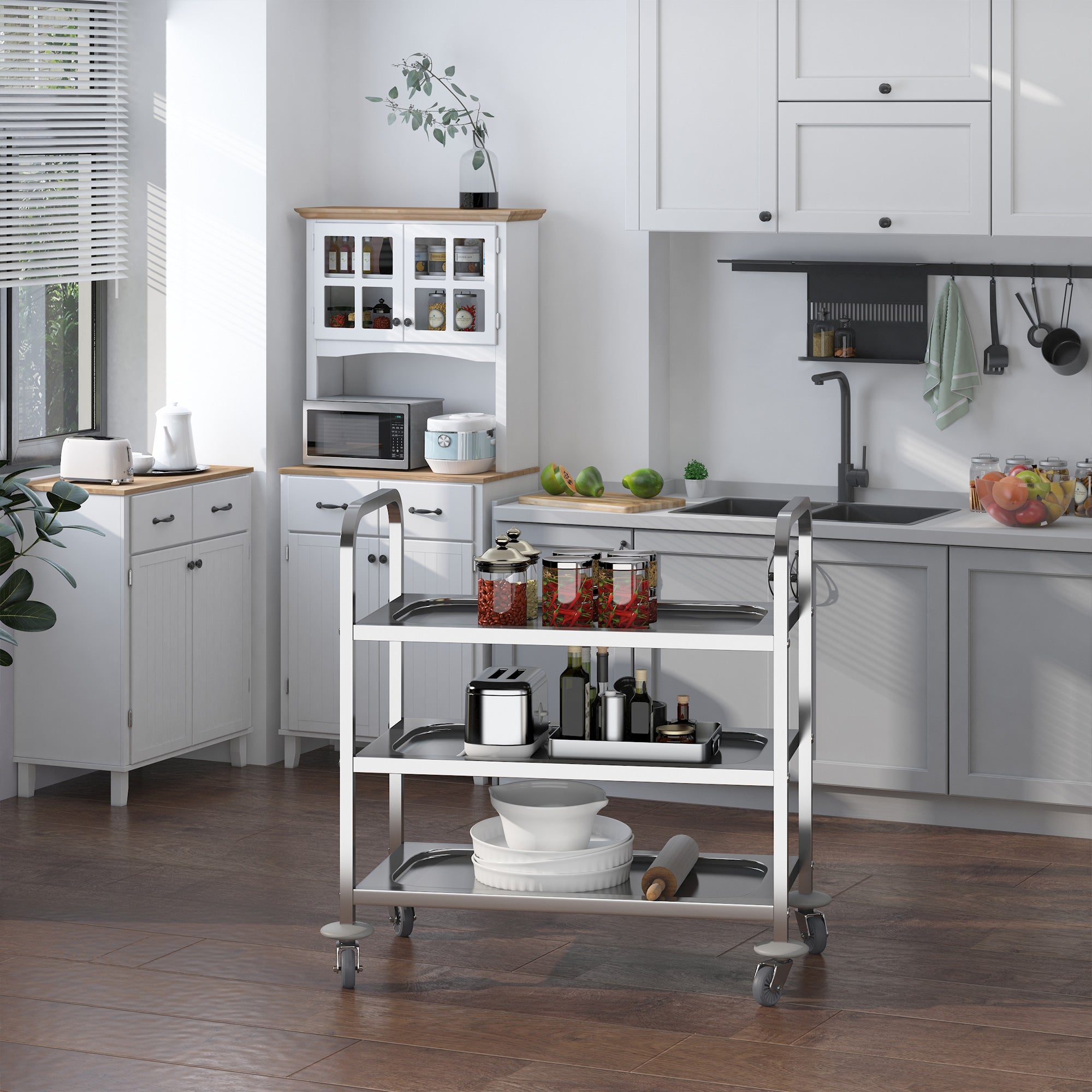 Desserte de cuisine à roulettes à 3 étagères, chariot de rangement en acier inox., chariot de cuisine et salle à manger, 90,5 x 50,5 x 88,2 cm, argenté