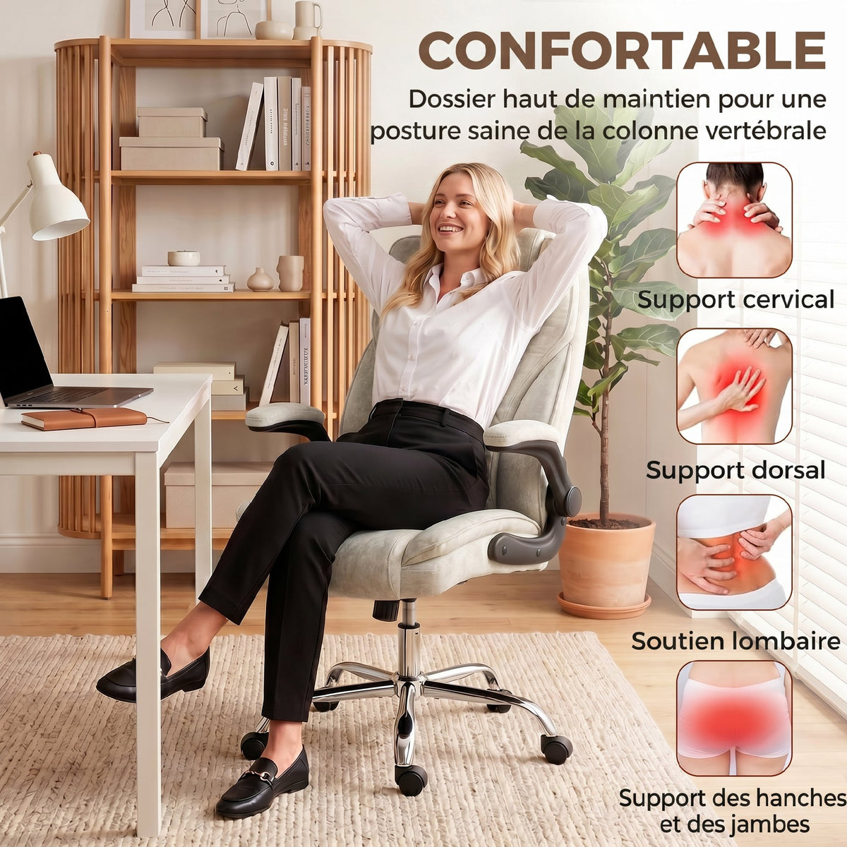 Fauteuil de bureau, chaise bureau ergonomique, hauteur réglable, accoudoirs relevables, 70 x 70 x 114-122 cm, beige