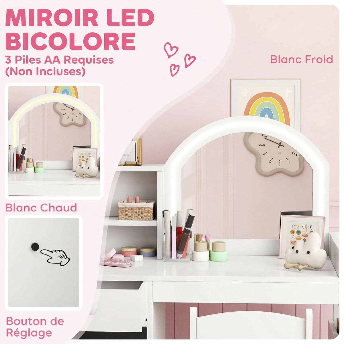 Coiffeuse pour enfants avec tabouret et miroir LED, table de maquillage pour 3 à 8 ans, 88,6 x 38,8 x 96,9 cm, blanc