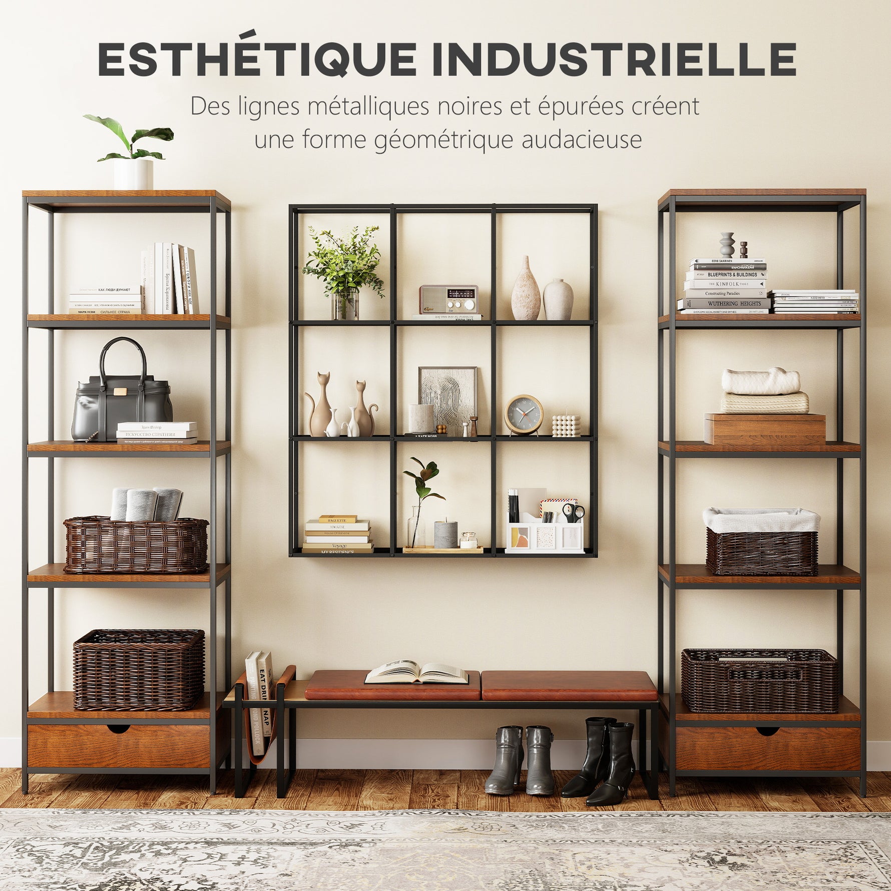 Étagère Murale Industrielle 9 Compartiments, Étagère Modulaire en Métal pour Objets de Collection, 87,5x18x100cm Noir