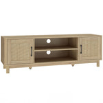 Meuble TV 135 cm, meuble télé pour téléviseur jusqu'à 65 pouces avec 2 portes en rotin, 2 compartiments ouverts, chêne