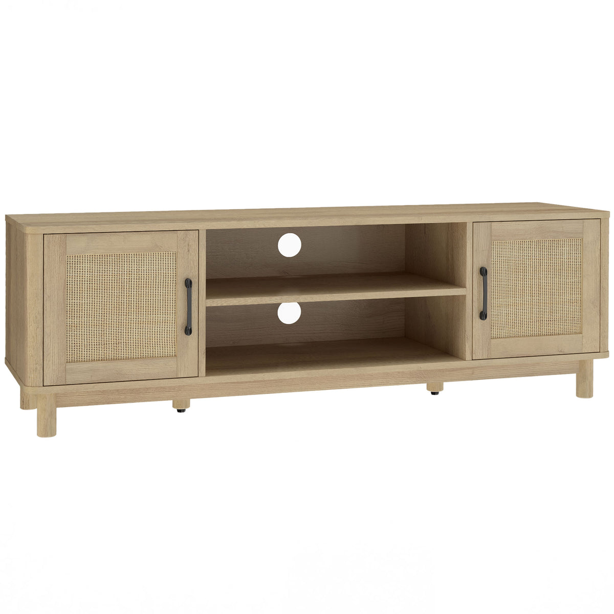 Meuble TV 135 cm, meuble télé pour téléviseur jusqu'à 65 pouces avec 2 portes en rotin, 2 compartiments ouverts, chêne