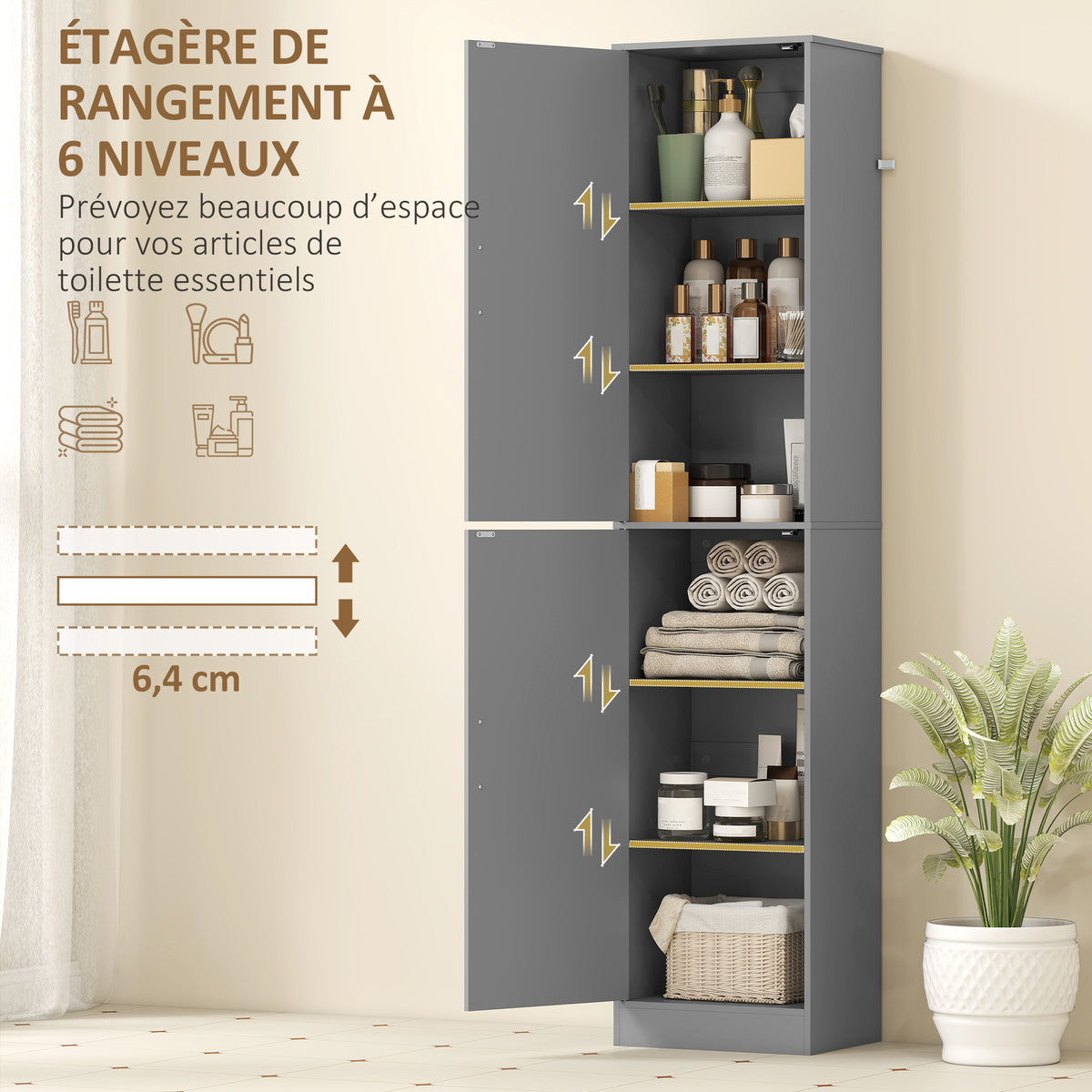 Mobile colonna per bagno con 2 ante e 4 ripiani regolabili, 40 x 35 x 180 cm, grigio