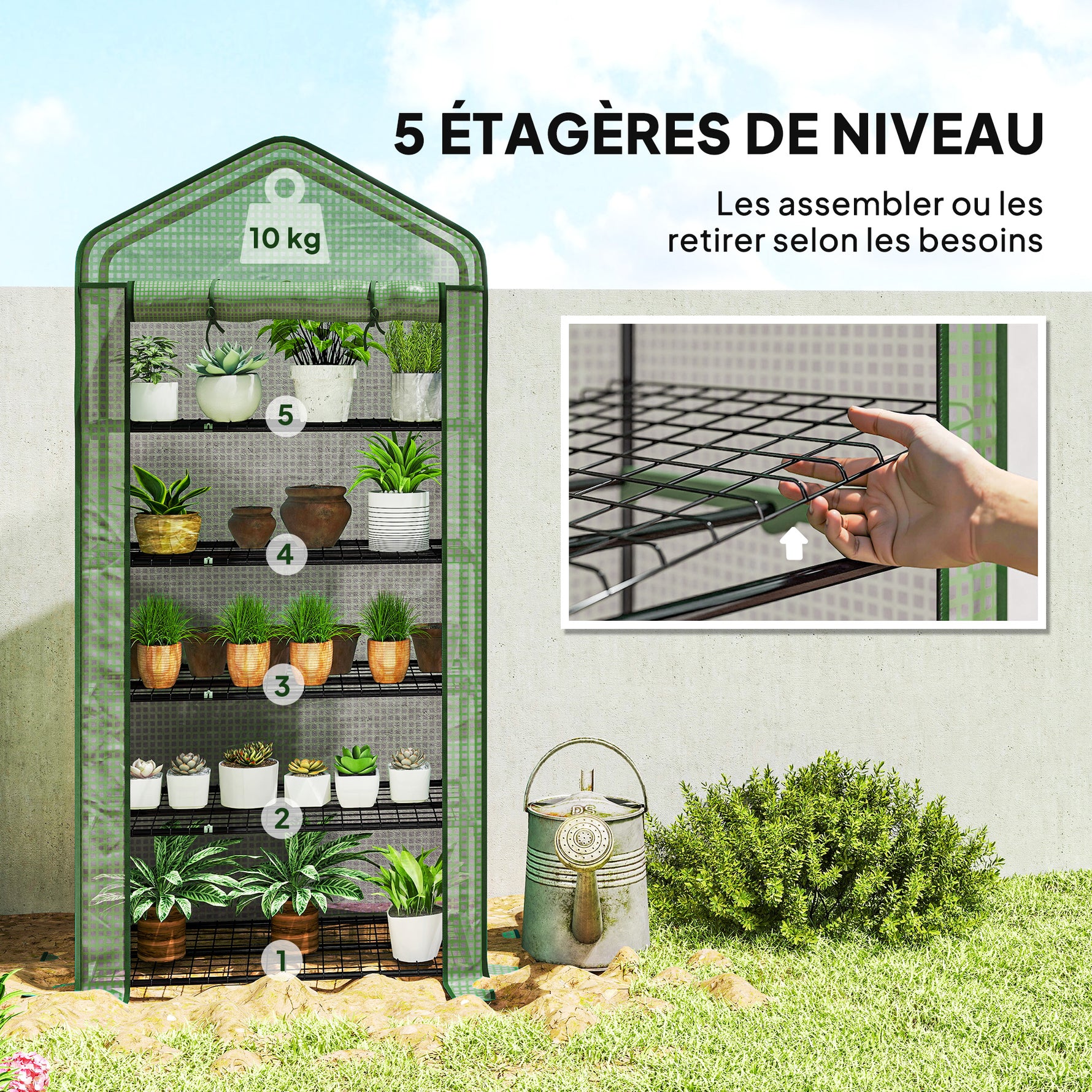 Serre de jardin Serre 5 niveaux avec 1 porte enroulable, Bâche en PE Renforcée Résistante dim. 90L x 49l x 193H cm