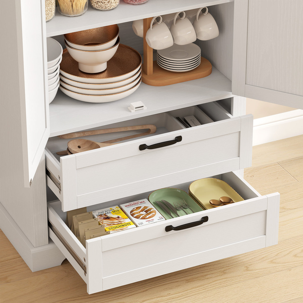 Buffet haut cuisine, armoire de cuisine avec 2 portes, 2 tiroirs, étagères réglables, style rustique, 76x40x180cm, blanc