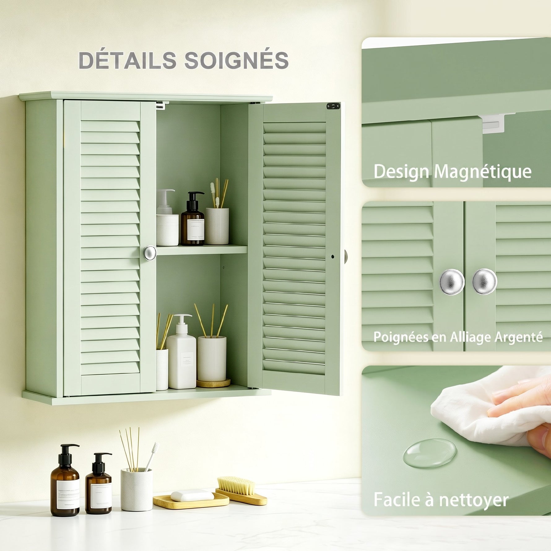 Armoire murale de salle de bain, meuble de rangement suspendu avec 2 portes persiennes et étagère réglable, vert