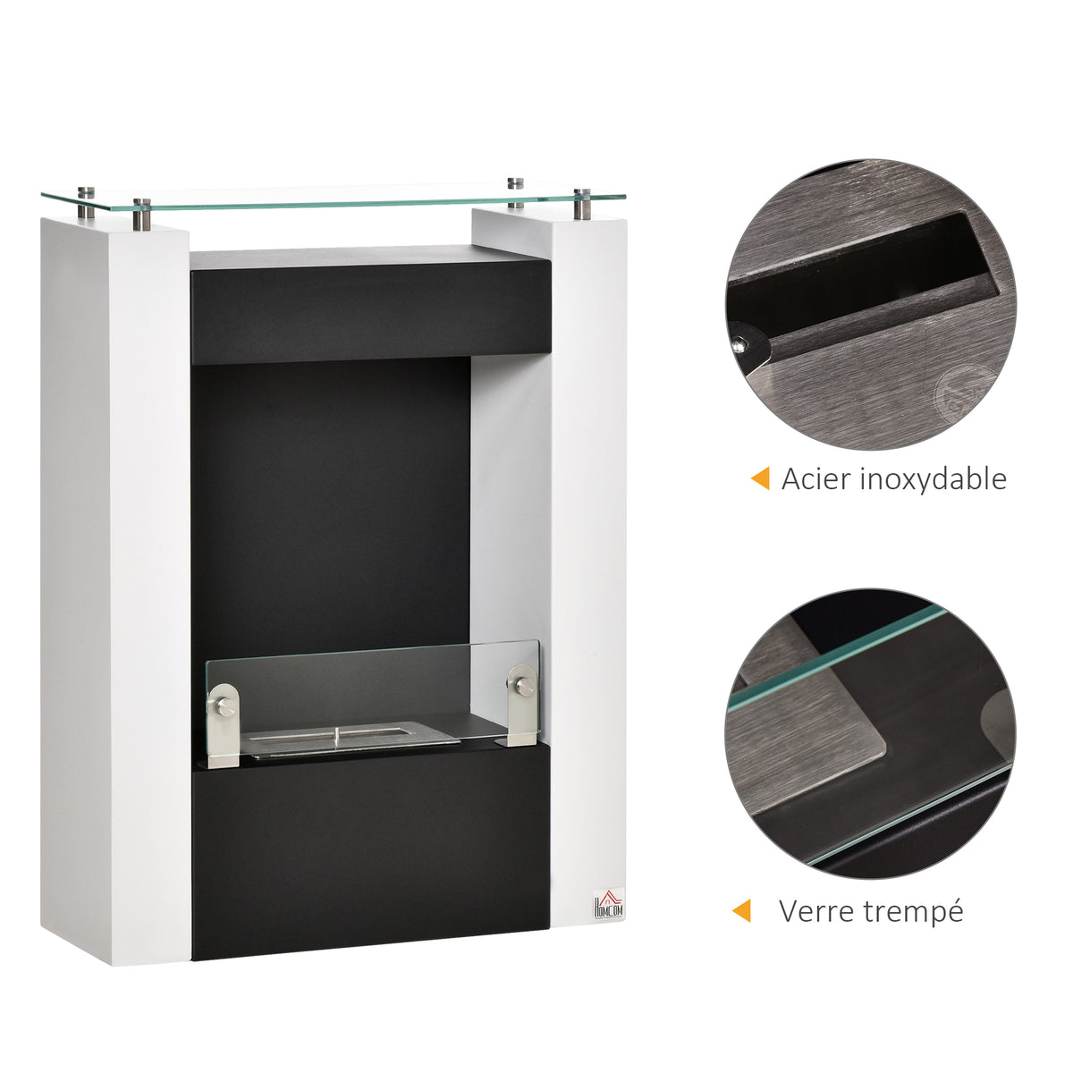 Cheminée bioéthanol brûleur 0,9 L avec plateau de rangement en verre trempé 60 x 20 x 79 cm Acier Noir et Blanc