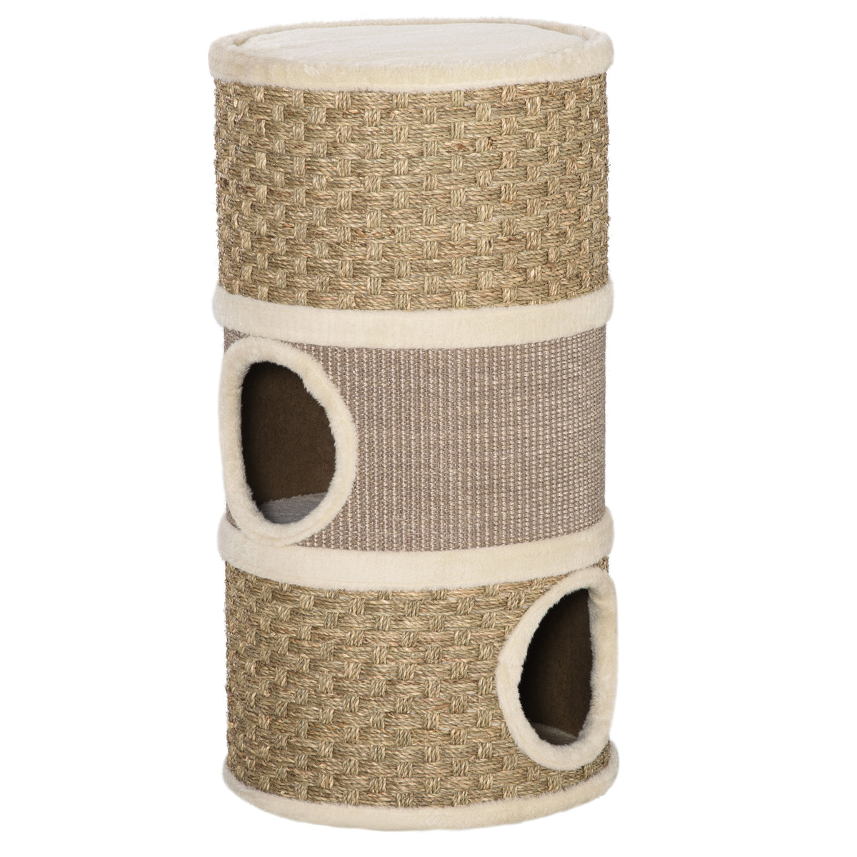 Tonneau à Gratter pour Chat, Arbre à Chat Sisal Naturel et Herbiers Marins Recouvert de Peluche, 37,5 x 37,5 x 70 cm, Kaki et Café