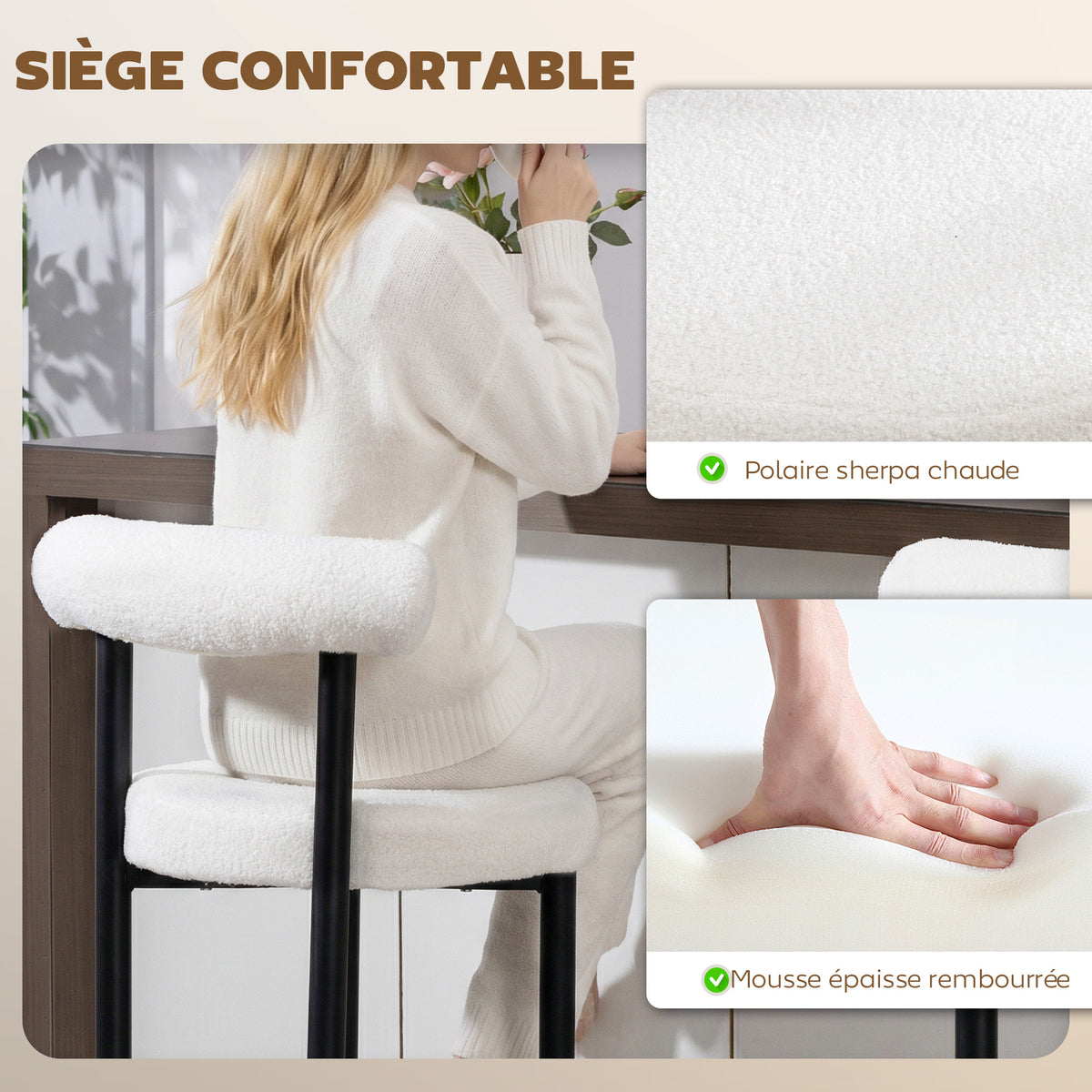 Lot de 2 tabourets de bar, chaises de bar en tissu bouclette avec dossier incurvé, repose-pieds, 50x52,5x98cm, blanc