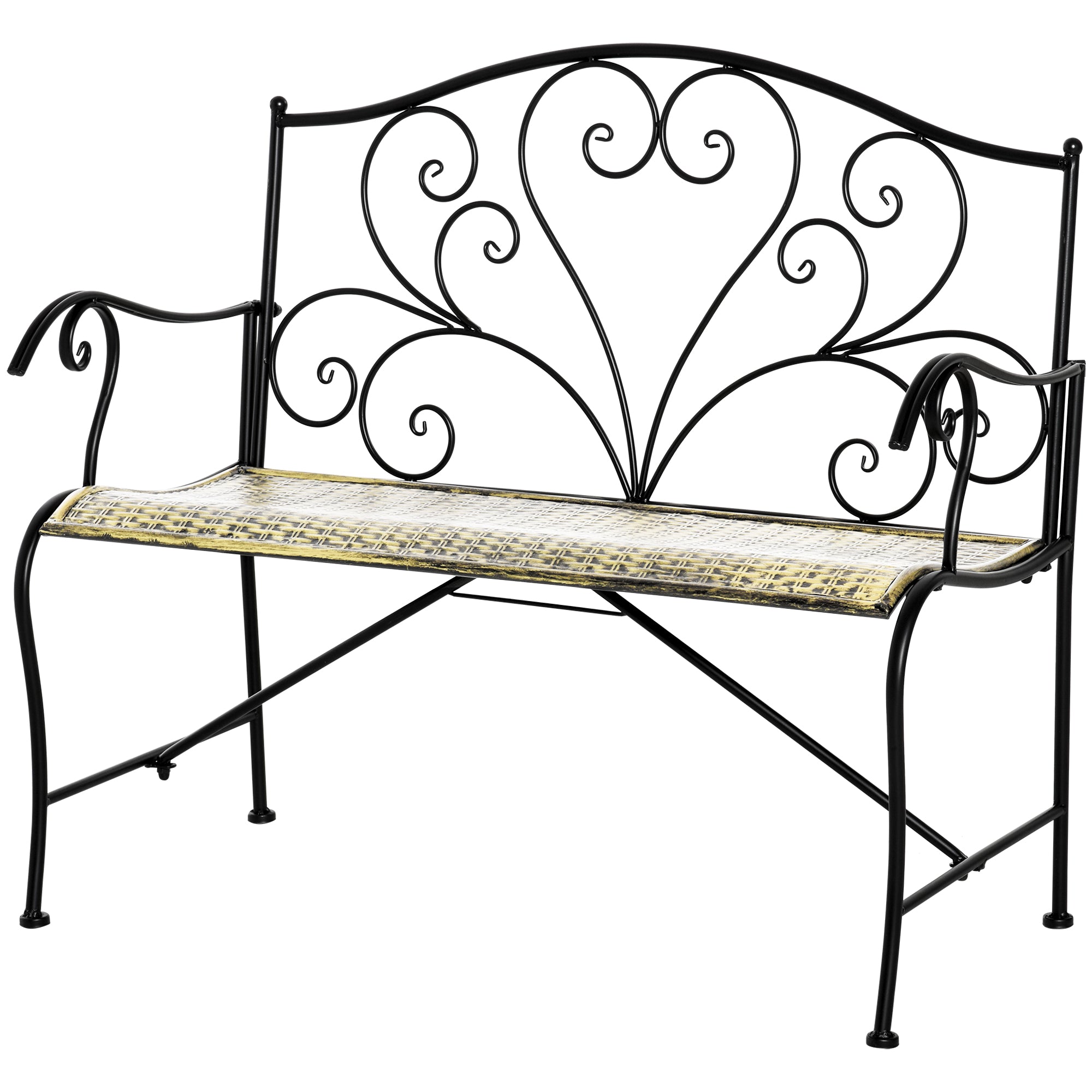 Banc de Jardin 2 Places Style néo-rétro Fer forgé Lignes fuselées métal Noir doré Effet Vieilli