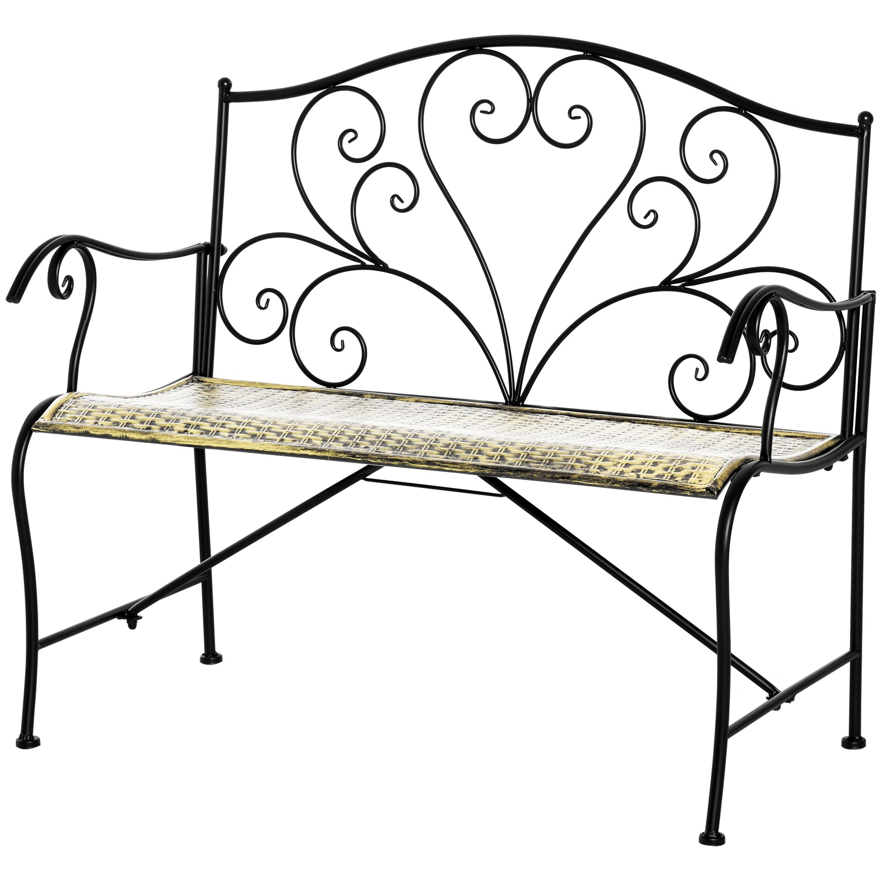Banc de Jardin 2 Places Style néo-rétro Fer forgé Lignes fuselées métal Noir doré Effet Vieilli