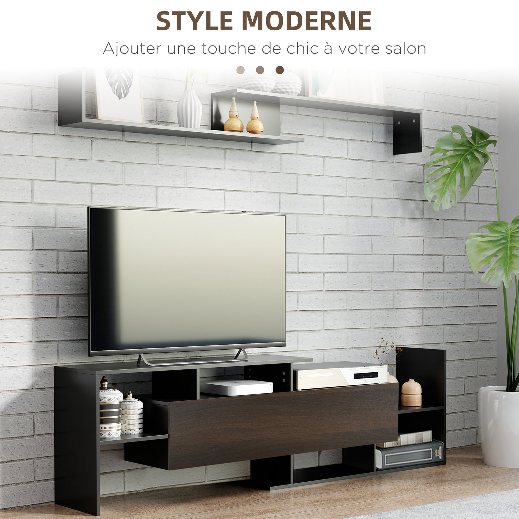 Ensemble meuble TV avec banc et étagère murale style contemporain 153,6L cm - noir