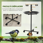 Perchoir perroquet mangeoire à oiseaux sur pied 4 roulettes, 2 mangeoires en acier inoxydable, Ø 60 x 111 cm, gris
