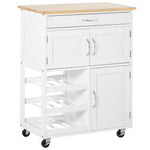 Carrello da cucina multi-ripiano, 2 armadietti, cassetto, portabottiglie da 9 posti, MDF bianco, piano in legno di gomma