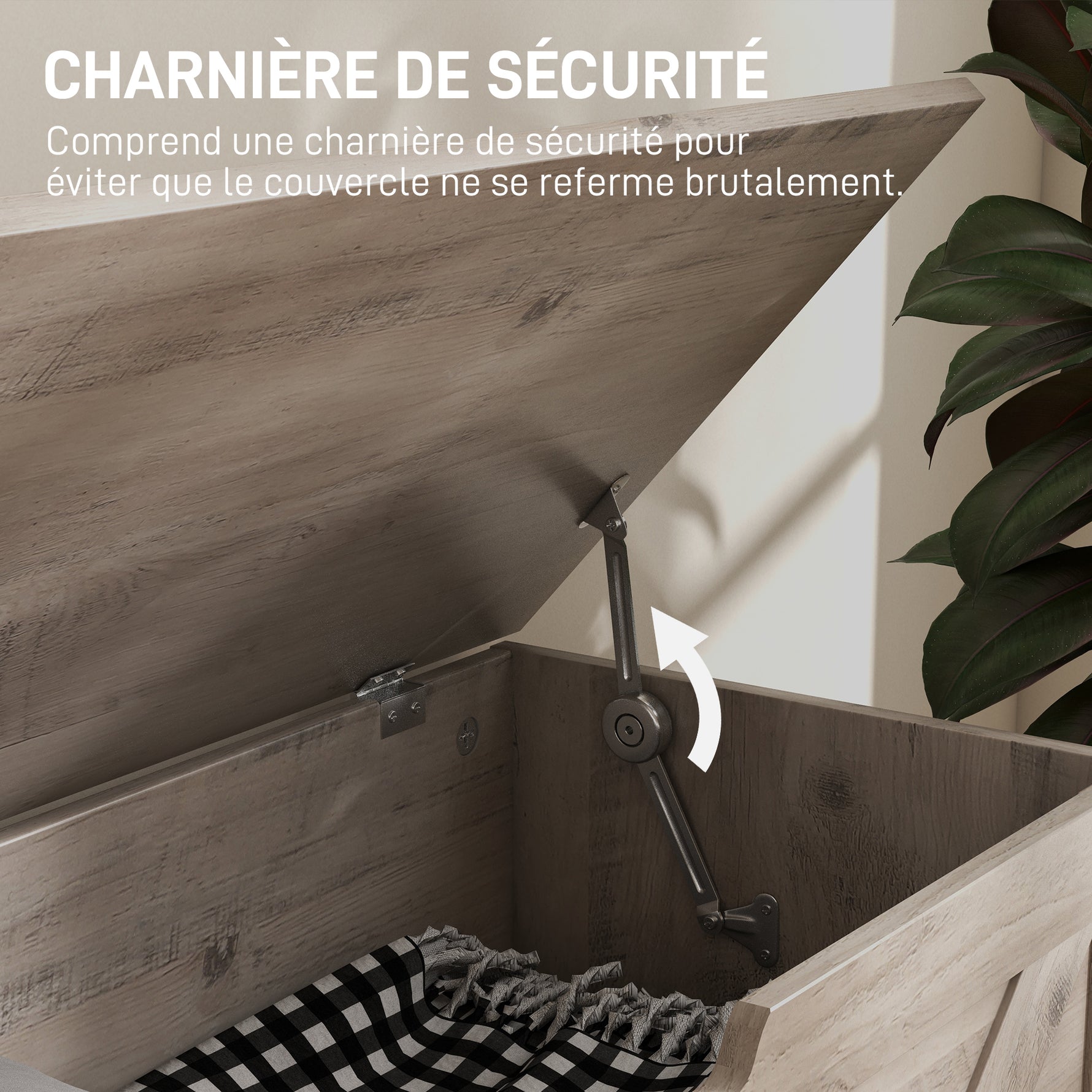 Coffre de rangement, banc de rangement avec couvercle rabattable et charnières de sécurité, 80 x 40 x 45 cm, gris