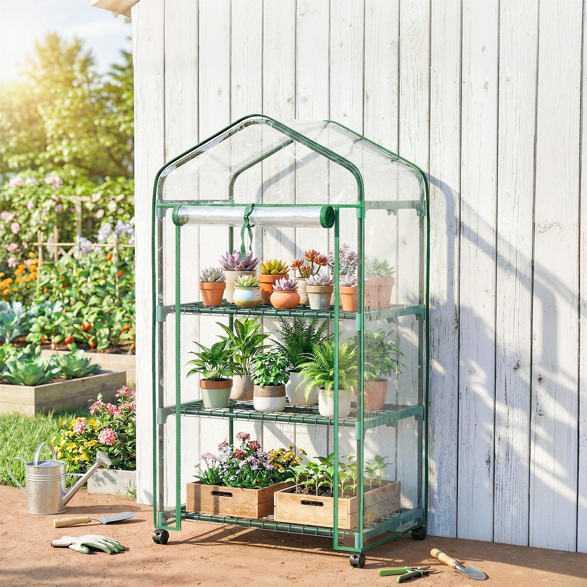 Mini serre de jardin avec 3 étagères, bâche PVC haute densité, porte enroulable 4 roulettes 69 x 49 x 130 cm transparent