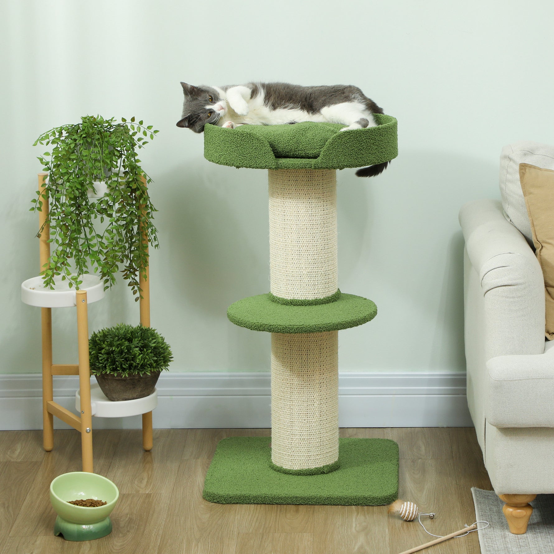 Arbre à Chat avec Griffoir, Centre d'Activités, Plateformes, Coussin, 45 x 45 x 91 cm, Vert et Beige