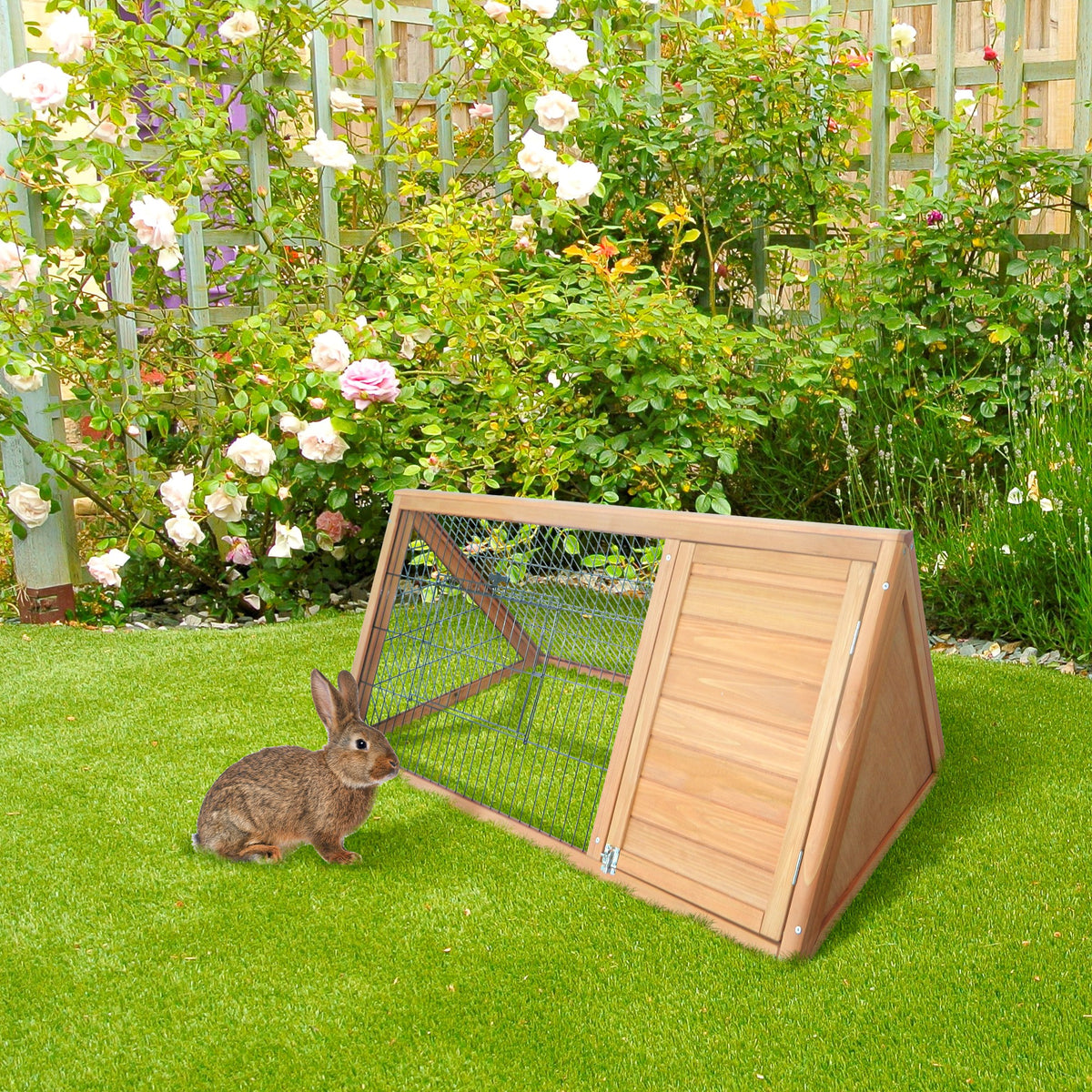 Clapier triangulaire de sol enclos extérieur niche double porte convient aux lapins poules tortue terrestre dim. 116L x 62,2l x 52,5H cm bois massif pin