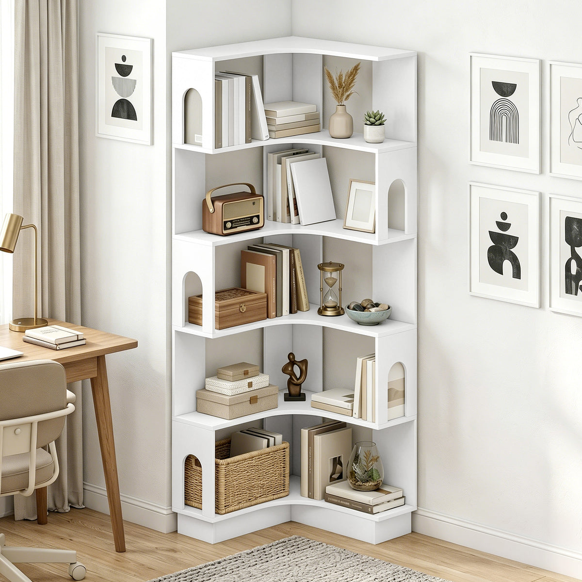 Bibliothèque d'angle, étagère de rangement à 6 niveaux avec panneaux latéraux arqués, 60 x 60 x 165,5 cm, blanc