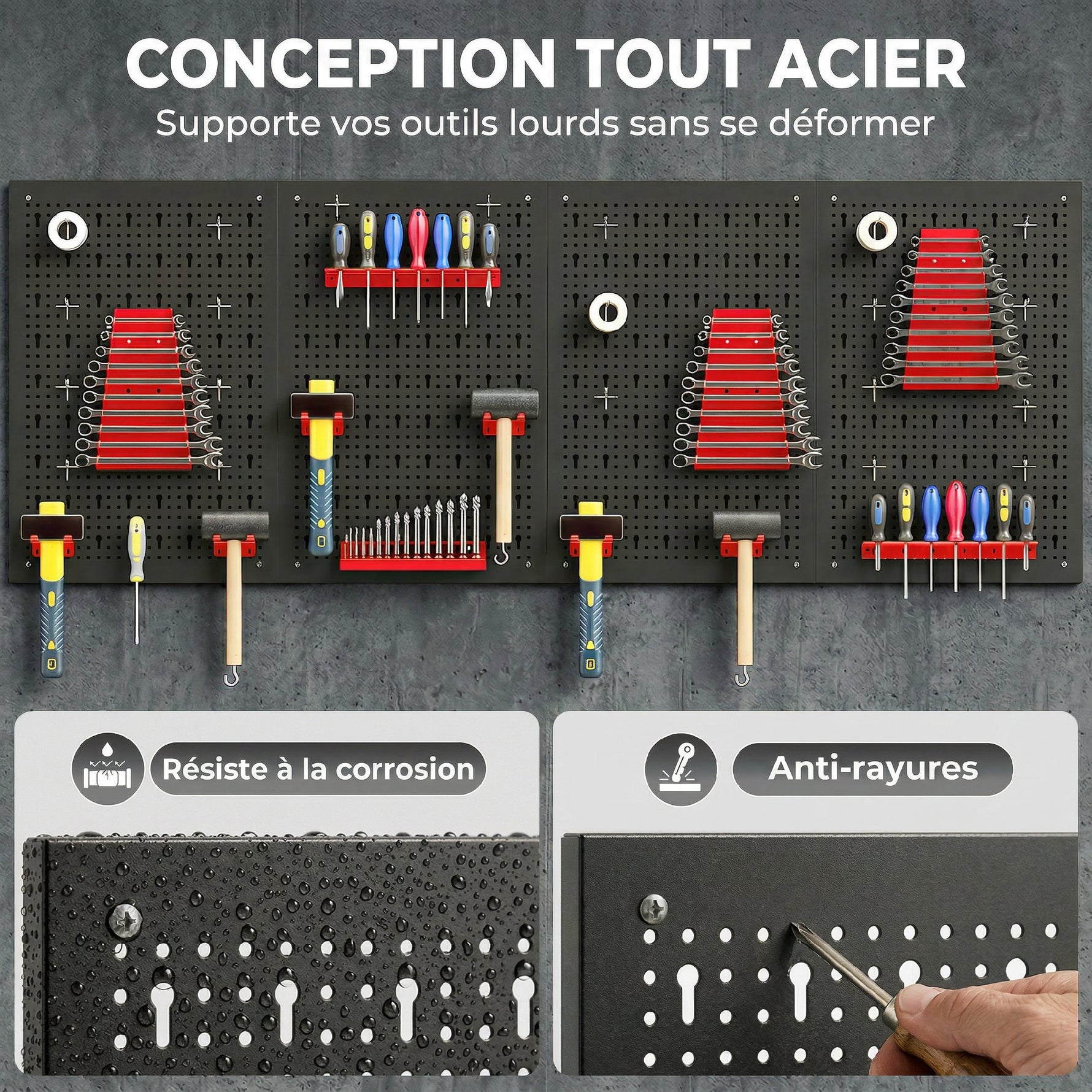 panneau perforé mural 600 x 400 mm, organiseur garage en acier avec 4 panneaux perforés, noir et rouge